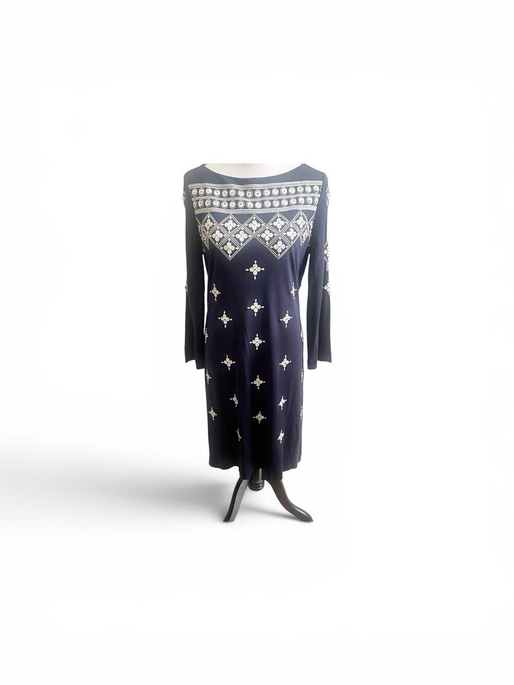 Tory Burch Dress Size Large Shift Beaded Navy Blue 3/4 Sleeves Boatneck